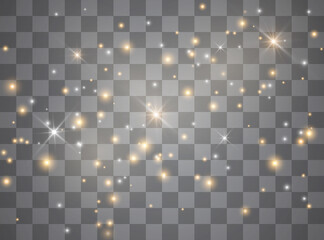 Light glow effect stars. Vector sparkles on transparent background. Christmas abstract pattern. Sparkling magic dust particles.