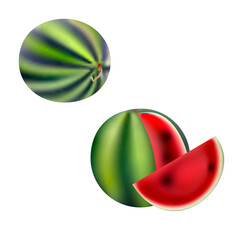 Watermelon fruit. Realistic 3d sweet dessert ripe food. Healthy juicy summer berry, vacation symbol. Fresh vitamin nutrition. Isolated illustration, white background, retail advertising poster design