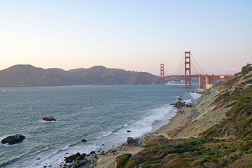 Golden Gate Bridge is Red Bridge seen from Marshall's Beach in San Francisco, California, United states , USA - Landscape infrastructure  of famous Landmark