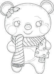 Cartoon cute Christmas bear with scarf, mistletoe and decorated tree sketch template. Winter vector illustration in black and white for games, background, pattern. Print for fabrics. Coloring paper