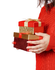 Young woman with Gift boxes in hands e close up