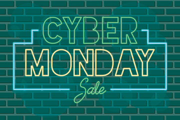 cyber monday sale neon label in green wall