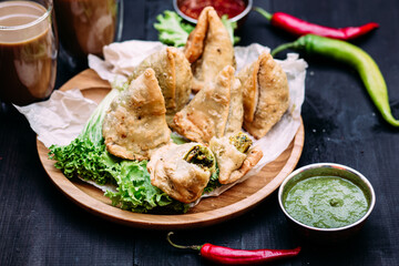 Indian dish samosa on a plate with sauce