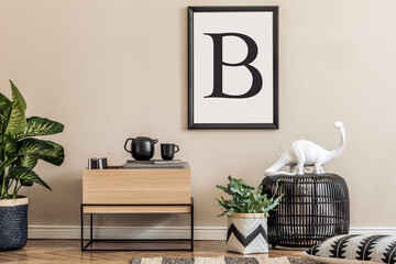 Japandi living room interior with mock up poster frame, design wooden commode, furniture,...
