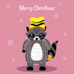 Merry Christmas Cute Raccoon with hat and toy card. Hand drawn character illustration vector isolated poster