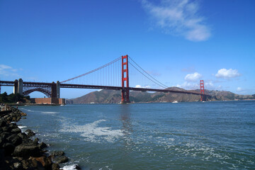 Landscape view of Golden Gate Bridge is Red Bridge in sunny day in San Francisco, California, United states , USA - Vintage style hot spot famous Landmark - Holiday Travel Concept