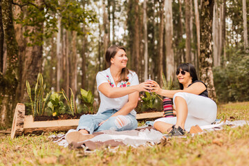 Women talking and enjoying a mate in a garden - Argentinean women sharing mate.