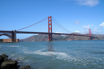 Landscape view of Golden Gate Bridge is Red Bridge in sunny day in San Francisco, California, United states , USA - Vintage style hot spot famous Landmark - Holiday Travel Concept