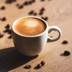 illustration tasse de café avec grains de café support bois
