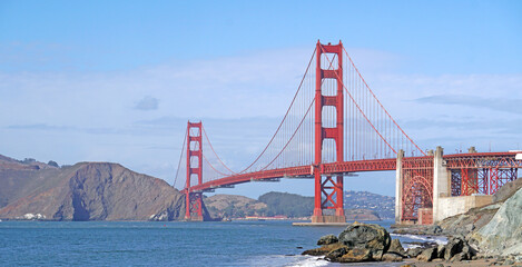 Golden Gate Bridge is Red Bridge seen from Baker Beach in San Francisco, California, United states , USA - Holiday Travel famous building Landmark - Nature Park and outdoor sightseeing