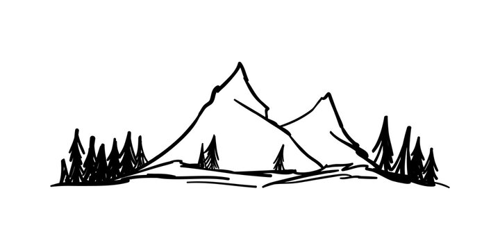 Hand drawn mountains sketch. Peaks with pine forest on white background.