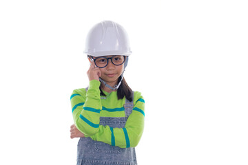 Adorable Asian girl acting in studio with construction helmet, girl with green color sweater dream to be engineer, happy girl action on white background with blueprint paper and safety white hat