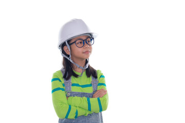 Adorable Asian girl acting in studio with construction helmet, girl with green color sweater dream to be engineer, happy girl action on white background with blueprint paper and safety white hat