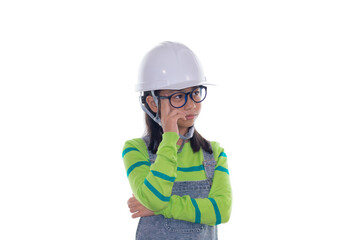 Adorable Asian girl acting in studio with construction helmet, girl with green color sweater dream to be engineer, happy girl action on white background with blueprint paper and safety white hat