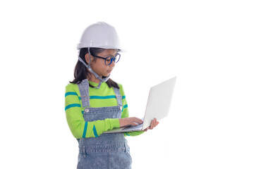 Adorable Asian girl acting in studio with construction helmet, girl with green color sweater dream to be architecture or engineer by using technology laptop, happy girl action on white background