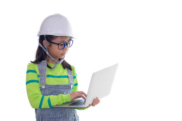 Adorable Asian girl acting in studio with construction helmet, girl with green color sweater dream to be architecture or engineer by using technology laptop, happy girl action on white background