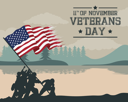 Happy Veterans Day Celebration Card With Soldiers Lifting Usa Flag In Lake Scene