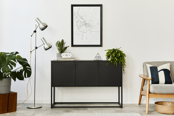 Modern retro concept of home interior with design grey armchair, coffee table, plants, mock up...