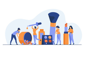 Happy tiny women testing makeup products flat vector illustration. Cartoon female characters cosmetics masterclass or course. Beautician parlor and beauty workshop concept