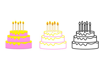 Vector set of cake. Cake in cartoon style, black line and color line. Cute vector illustration - obrazy, fototapety, plakaty