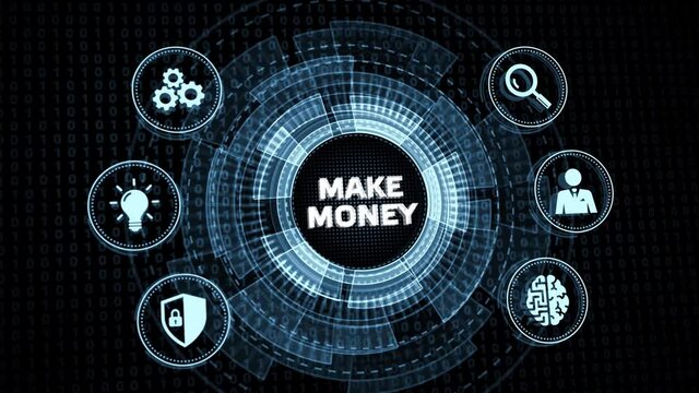 Businessman presses button make money on virtual screens. Business, Technology, Internet and network concept.