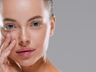 Beautiful woman face with healthy clean slon spa concept cosmetic skin care - obrazy, fototapety, plakaty