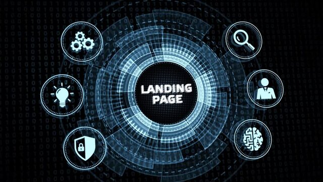 Businessman presses button landing page on virtual screens. Business, Technology, Internet and network concept.