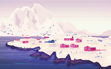 Norwegian landscape panorama. Beautiful panorama of the city against the background of mountains.