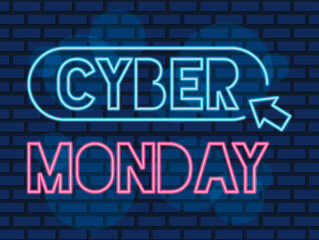 Fototapeta na wymiar cyber monday neon label with mouse arrow in blue wall