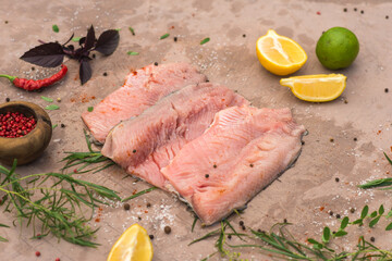 Fillet of carp fish on the kitchen table, cooking process