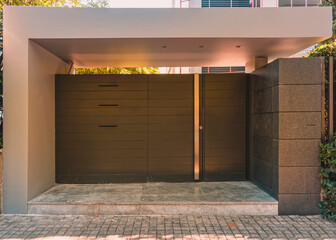 modern and stylish family house entrance metallic door by the sidewalk