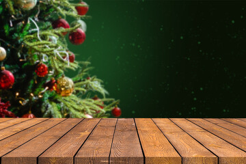 Wooden desk over blurred interior scene new year, christmas