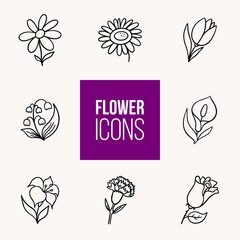Flat vector outline flower icons set. Illustration for backgrounds or patterns