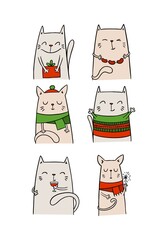 Six cute doodle hand drawn cats celebrating holidays. Christmas and New Year flat vector illustration