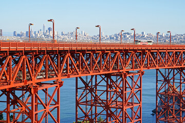 Famous Landmark red Golden Gate Bridge with San francisco city behide  infrastructure of San Francisco, California, United states , USA - seen from Battery Spencer