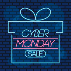 Obraz premium cyber monday neon label with gift shape