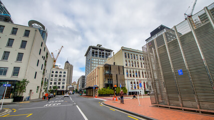 AUCKLAND, NZ - AUGUST 27, 2018: Downtown city streets and buildings on a cloudy morning