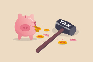Tax planning mistake, pay a lot of money for income tax causing money loss impact saving plan concept, broken pink piggy bank and money coins pouring out with the evidence of hammer with the word Tax.