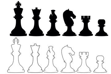 Vector chess set isolated on white background. Black silhouettes of chess and linear style.