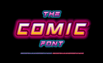 Pop comic alphabet. Neon light stunning font, Cartoon type for modern futuristic logo, glowing headline, comic book lettering. Night color glow style sans expanded letters, vector typographic design