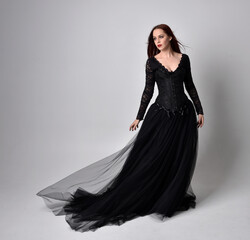 full length portrait of  woman wearing black gothic dress,  Standing pose  against a studio...