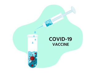 A syringe containing the COVID-19 vaccine is being injected into a test tube containing Covit-19.