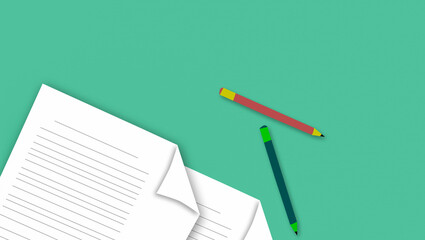 pen and paper on a bright color background.
