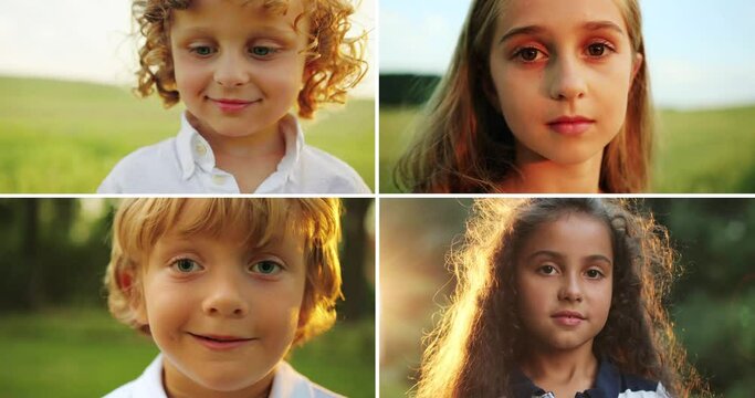 Collage of different Caucasian kids posing outdoors. Multiscreen on cute little boys and girls on sunny day outside the city. Portrait of pretty teen looking at camera outdoor. Children concept