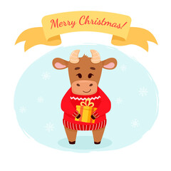 Naklejka premium Bull holding a gift box. Bull zodiac symbol of the year 2021. Year of the ox. gestures and smiling. Vector illustration in cartoon style.