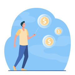 Happy man needling soap bubbles with money. Coin, dollar, needle flat vector illustration. Finance and bankruptcy concept for banner, website design or landing web page