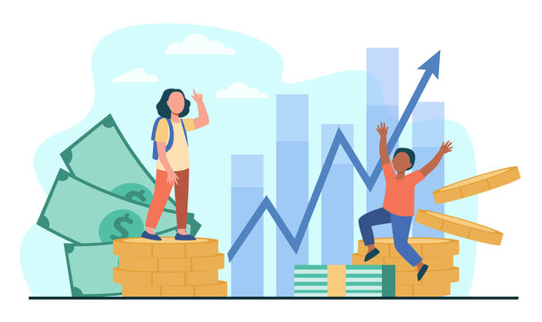 Happy children investing and earning money. Kid, growth, coin flat vector illustration. Investment and finance concept for banner, website design or landing web page