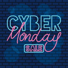 cyber monday neon label in blue wall