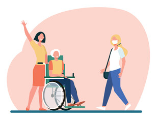 Nurse with handicapped man greeting woman. Wheelchair, age, mask flat vector illustration. Medical assistance and retirement concept for banner, website design or landing web page