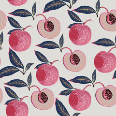 Fototapety  Fruits of peaches and apricot trees with green leaves on a light beige, pale pink background. Seamless floral pattern. Square repeating design for fabric and wallpaper